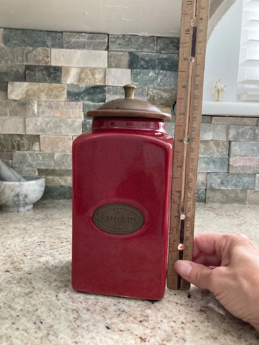 Pier 1 Imports Deep Red Sugar Canister w/ Brass Domed Lid trimmed w/ Wood
